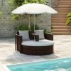 Patio Bed with Parasol Brown Poly Rattan