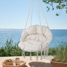 Hammock Chair Macrame Swing Max 330 Lbs Hanging Cotton Rope Hammock Swing Chair for Indoor and Outdoor with Cushion ,Beige