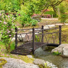 3.3' Classic Garden Bridge Metal Arch Zen Footbridge with Safety Siderails, Decorative Footbridge, Delicate Scrollwork & Corner Spheres for Stream, Fi