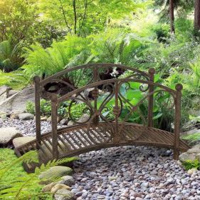 3.3' Metal Garden Bridge, Decorative Classic Footbridge Pond Bridge with Safety Railings for Backyard Garden Creek, Rust Brown