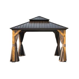 12'x12' Hardtop Gazebo, Outdoor Cedar Wood Frame Canopy with Galvanized Steel Double Roof, Outdoor Permanent Metal Pavilion with Curtains and Netting