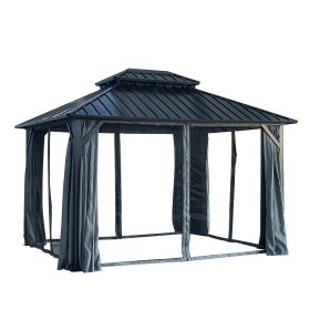 10x12ft Gazebo Double Roof Canopy with Netting and Curtains, Outdoor Gazebo 2-Tier Hardtop Galvanized Iron Aluminum Frame Garden Tent for Patio, Backy