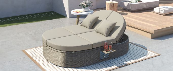 TOPMAX Outdoor Sun Bed Patio 2-Person Daybed with Cushions and Pillows, Rattan Garden Reclining Chaise Lounge with Adjustable Backrests and Foldable C