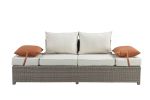 Salena Patio Sofa & Ottoman w/2 Pillows in Beige Fabric & Gray Wicker