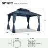 10x12ft Gazebo Double Roof Canopy with Netting and Curtains, Outdoor Gazebo 2-Tier Hardtop Galvanized Iron Aluminum Frame Garden Tent for Patio, Backy