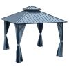 12x12ft Gazebo Double Roof Canopy with Netting and Curtains, Outdoor Gazebo 2-Tier Hardtop Galvanized Iron Aluminum Frame Garden Tent for Patio, Backy