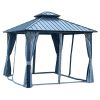 12x12ft Gazebo Double Roof Canopy with Netting and Curtains, Outdoor Gazebo 2-Tier Hardtop Galvanized Iron Aluminum Frame Garden Tent for Patio, Backy