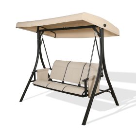 3-Seater Outdoor Porch Swing Patio Hammock Swing Glider Bench with Adjustable Canopy (Color: Tan)