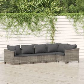 5 Piece Patio Lounge Set with Cushions Gray Poly Rattan (Color: Gray)