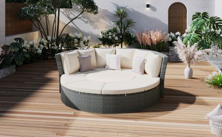 TOPMAX Patio 5-Piece Round Rattan Sectional Sofa Set All-Weather PE Wicker Sunbed Daybed with Round Liftable Table and Washable Cushions for Outdoor B (Color: as Pic)